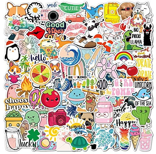 Pegatinas,100 unidades,Bonitos paquetes de calcomanías de dibujos animados para botella de agua, calcomanías divertidas Kawaii, vinilo estético Vsco calcomanías impermeables para niños y adolescentes