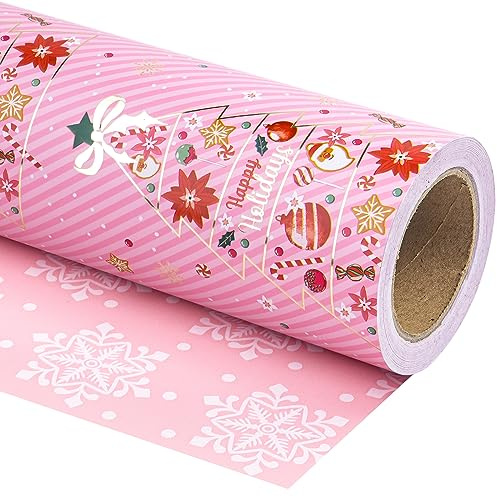 RUSPEPA Papier Cadeau Réversible - Mini Rouleau 43,2 Cm X 10 M - Sapin De Noël Rose Et Motif Flocon De Neige Pour Vacances, Fêtes