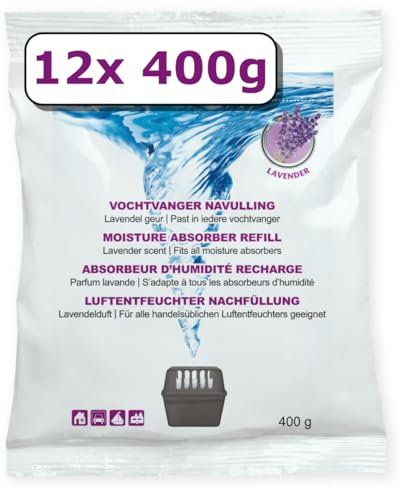 Lot de 12 recharges pour déshumidificateur - 400 g - Parfum lavande - Granulés dans un sac non tissé - Recharge absorbeur d'humidité