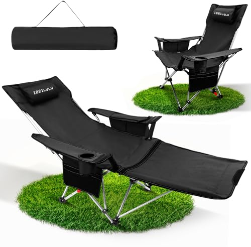IEEILULU Campingstuhl Faltbar mit Fußstütze, Liegestuhl Klappbar, 2 in 1 Multifunktionaler Campingstuhl mit Getränkehalter Kühltasche, Strandstuhl Klappbar für Erwachsene 100kg Camping (Black)