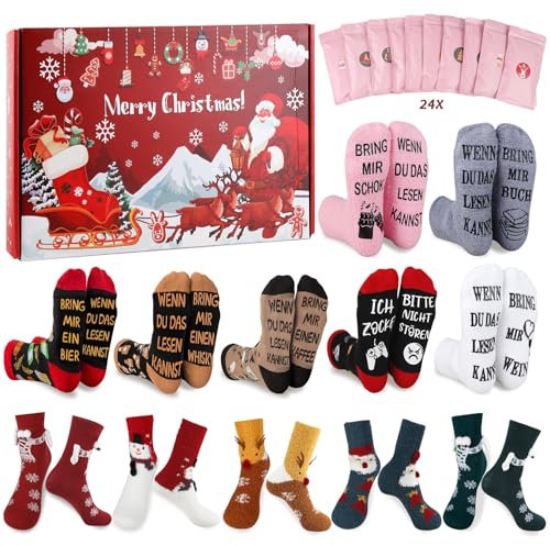 Wzone 12 Paare Adventskalender für Frauen 2024 Frauen Erwachsene Kuschelsocken, Funny Socken Baumwollsocken mit Sprüchen, Geschenke zu Weihnachten, Weihnachtssocken Geschenkset