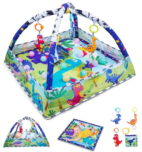 Dinosaurier Spielbogen Baby, 4 in 1 Spielmatte Baby mit Spielbogen Sensorisches Baby spielzeug Bälle Beißring Stofftier Buch, Baby Spielzeug 0-6 6-18 monate Geschenk für Neugeborene