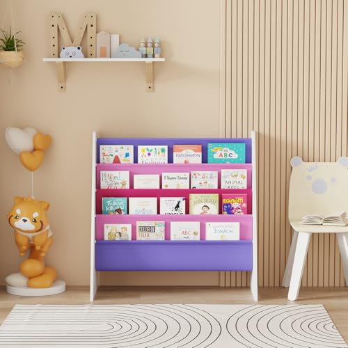 Redd Royal Children Sling Storage Bookshelf, Kids 4 Tier Floor Bookcase Book Display Rack Wooden with Multicolour Canvas Holder for Baby Playroom Nursery Toddler Bedroom (Purple-pink)
