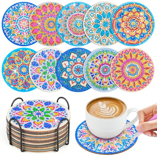 WuGU 10 Pezzi Sottobicchieri Diamante con Supporto, Sottobicchiere Dipinto a Diamante, Sottobicchieri Mandala Fai da te, Set di Sottobicchieri con Pittura a Diamante per Principianti, Adulti & Bambini