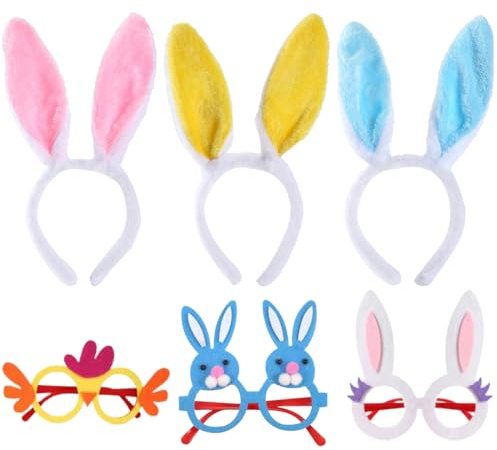 Lot de 6 bandeaux et lunettes oreilles de lapin, bandeaux oreilles de lapin de Pâques, bandeaux oreilles de lapin en peluche pour enfants, parfaits pour Pâques, les fêtes, les costumes et le cosplay