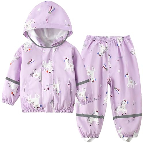 Kids Rain Suit, Raincoat & Waterproof Trousers 2-Piece Waterproof Suit Set, Girls Cartoon Printed Unicorn Puddle Suit, 6-7 Years