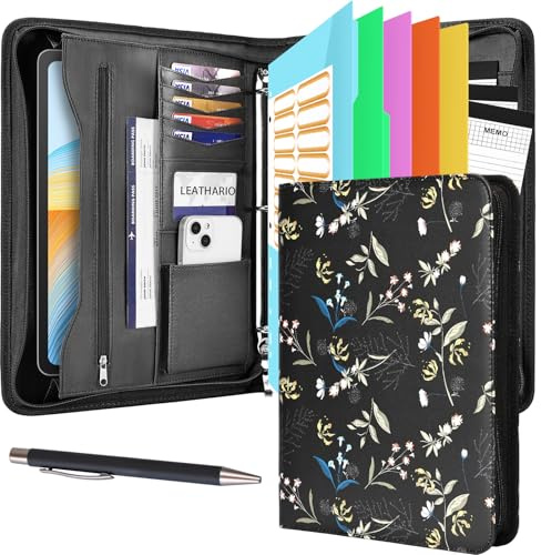 Leathario Portfolio Binder, Includes 5 Folder Index Dividers and 3 Notepads, 3-Ring Folder Organizer, Padfolio with Zipper, Vegan Leather Tablet Sleeve, Business Office Conference Clipboards