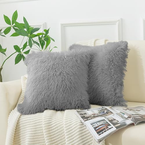 ROZTYLJ Faux Fur Cushion Covers for Livingroom Sofa Bedroom Soft Decorative Square Cute Fluffy Throw Pillow Case 18 x 18 Inch 45x45cm Gray Pack of 2