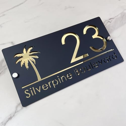 Targhetta per indirizzi personalizzati, numero civico 3D, in acrilico, taglio al laser, design moderno, effetto galleggiante, albero della vita, per casa, hotel e appartamento, colore: nero e oro