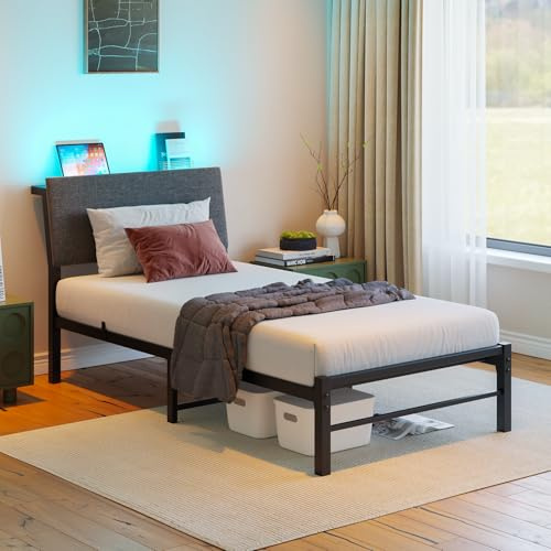 VECOCHO Bett 90x200 mit LED Beleuchtung und Ladestation,Metallbett 90x200 mit Kopfteil und Lattenrost,Bettgestell 90x200 cm-Höhe 27cm mit Stauraum unter dem Bett,für Schlafzimmer Gästezimmer,Schwarz
