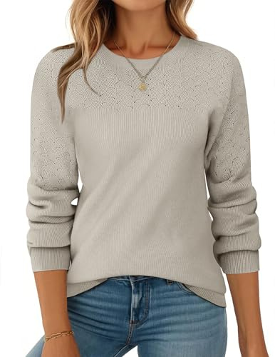 Zeagoo Maglione da Donna in Maglia Elegante Pullover A Maniche Lunghe con Scollo Rotondo Maglione all'Uncinetto Pullover A Coste Cachi L