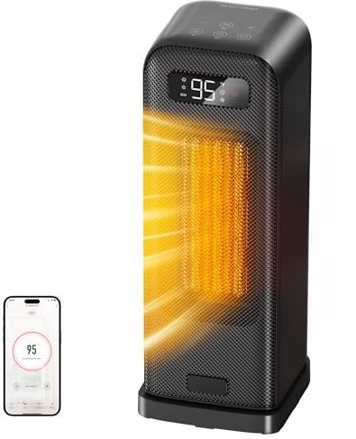FLANUR Electric Heaters for Home, Smart Portable 1500W Energy Space Room Heater, Tower Fan Heater with WiFi & Voice Control, 12H Timer, Overheat & Tip Over Protection, Matte Black, 1 Pack + 4 Modes