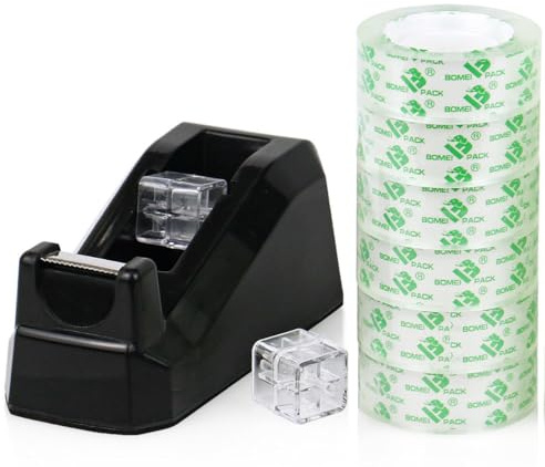 BOMEI PACK Tape Dispensers Desk, 1 Pack Black with 6Rolls Transparent Tape Refills, 1 Inch Core, for Gift Wrapping, School, Office and Home