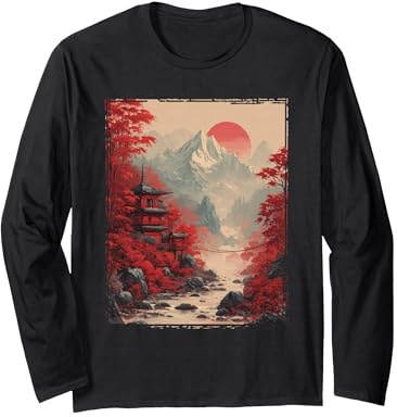 Paysage Japonais et Montagne, Fleurs d'arbres | Japon Manche Longue, Unisexe pour Adultes, Noir, XL