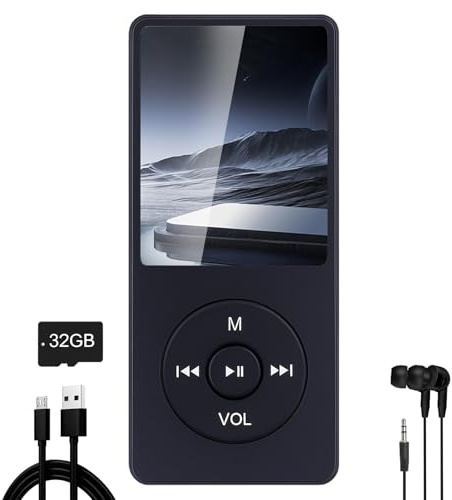 Lettore MP3 da 32 GB Bluetooth 5.3 con display TFT a colori da 1,8 con cuffie, radio, e-book, registrazione, supporto fino a 128 GB, nero