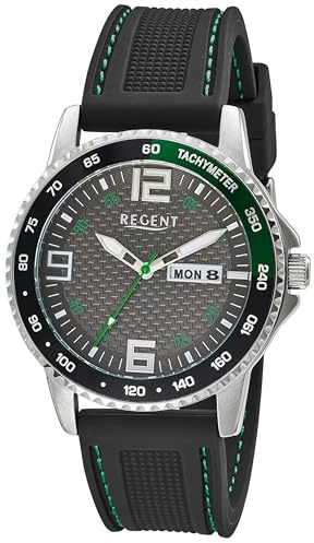 REGENT F-1651 - Reloj de cuarzo con escala taquimétrica, correa de silicona, esfera negra y verde, 10 bar