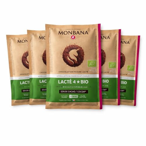 Chocolat Lacté Bio en Poudre Monbana – Dosettes 30 g – 32% Cacao – Texture Fluide – Boisson Chocolatée – Fabriqué en France – Sans Conservateur – Lot de 5, 10 ou 15 Unités (5, dosettes)