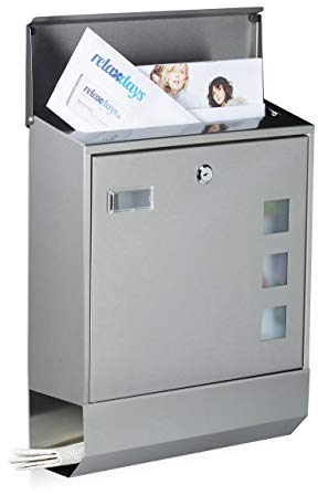 Relaxdays Boîte aux lettres compartiment journaux inox design mural avec nom et fenêtre HxlxP: 42 x 35 x 12,5 cm, argenté