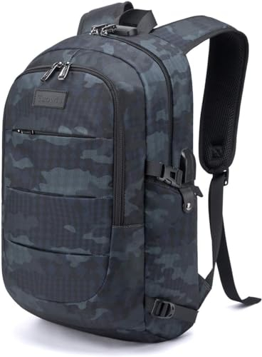 Tzowla Laptop Rucksack Herren und Damen, Reiserucksack Wasserdicht Anti-Diebstahl mit USB-Ladeanschluss und Schloss fur 17,3 Zoll Notebook,Schmaler Business Arbeits Uni Lässiger Tagesrucksack-Blaucamo