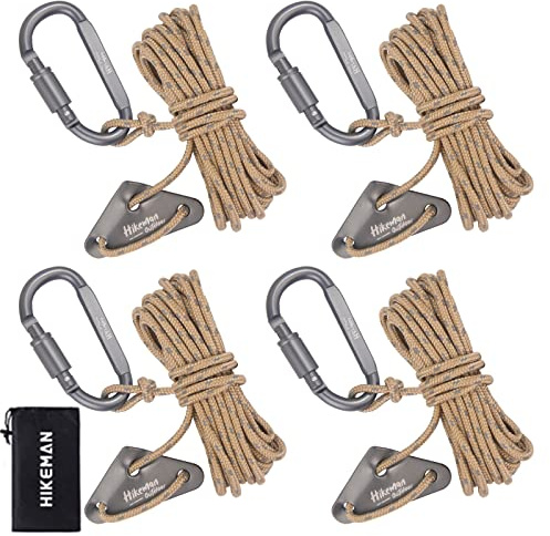 Hikeman 4 Pack Camping Rope with Locking Carabiner Clip,4mm Reflective Guy Lines with Triangular Guyline Adjuster Tensioner,Nylon Cord for Tent Tarp Tie Down,Hiking,Backpacking