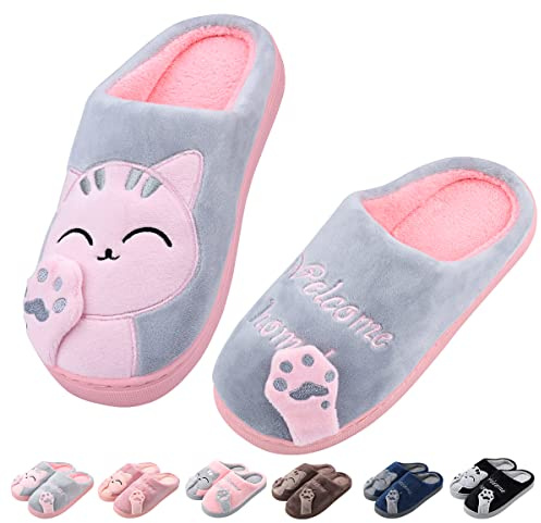 Zhiaek Pantofole Donna Uomo Peluche Ciabatte Donna Invernale Calde Morbide Comode Antiscivolo Pantofole Gatto Bambina Scarpe da Casa (Grigio, numeric_40)
