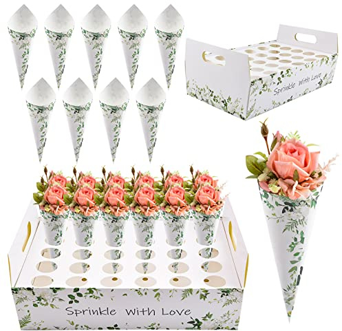 CRAFFANCY Green Paper Cone Set, 30 Pcs Flower Confetti Cones with Tapes & Cone Holder Box Petals Flower Holder for Wedding Party Supplies