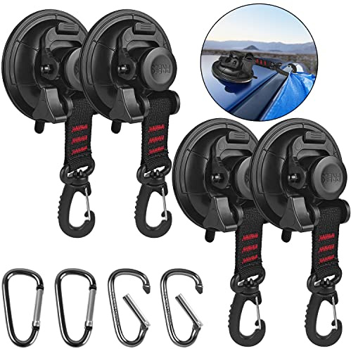 Hlogree 4PCS Heavy Duty Suction Cups Anchor with Hooks,Vacuum Suction Cup Tie Downs with 4PCS Aluminum Buckle,Outdoor Strong Suction Cup Wall Anchor For Camping Tarp Accessory,Car Side Awning,Boat,Pet