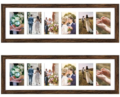 Chunful 2 Pcs 28.4 x 9.5 Inch Collage Picture Frames for Wall Hanging Long Multiple 4 x 6 Inch 6 Opening Multi Wood Multi Picture Photo Frame Display with Acrylic Screens Horizontal and Vertical