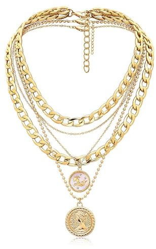 MJartoria Gold Layered Necklaces for Women Trendy Retro Coin Pendant Necklace Dainty Chunky Chain Choker Necklaces for Jewelry Birthday Gifts (Gold, Zodiac-Capricornus-3PCS Layered)