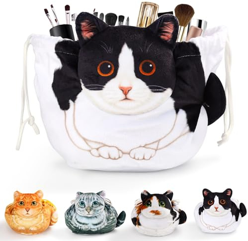Cat Drawstring Makeup Bag,Flat Lay Make Up Bag,Portable Travel Cosmetic Bag Storage Organiser,Bag for Purse,Cat Gifts for Women/Girls/Cat Lovers