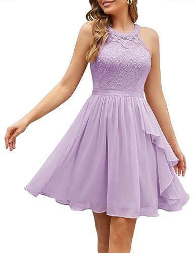 Wedtrend cocktailklänning elegant för bröllop A-linje halterneck volangklänning aftonklänning knälång chiffong examensklänning för dam, Lavendel, 3XL