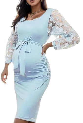Robe Grossesse Col Rond Manche Longue Dentelle Robe Maternité Fête Soirée Cérémonie Décontractée Midi Robe Grossesse Chic Et Elegant Pas Cher Mariage Shooting Photo (Light Blue, XL)