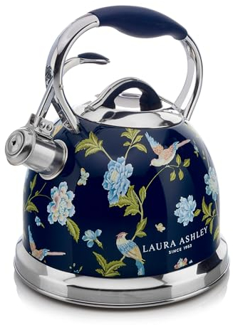 Laura Ashley Elveden Navy Stainless Steel 3L Stove Top Kettle. Fast Boil Whistling Kettle for Gas Hob, Induction Hob. Silicon Coated Cool Handle Camping Kettle for Gas Stove. Compatible with Aga Stove