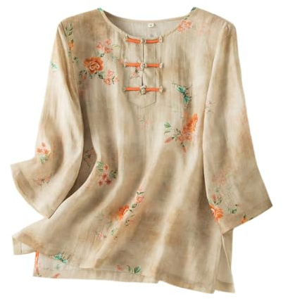 Blusa china tradicional con botones de rana para mujer, media manga, estampado floral étnico, camisa de verano Qipao