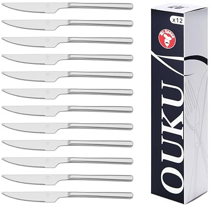Mr.Spoon Juego de 12 Piezas Cuchillo de sierra,Cuchillo de carne Acero Inoxidable,230×6mm,13/0,Plateado,mango monobloque,Caja Envase Ecológico,Para Casa, Hotel, Restaurante