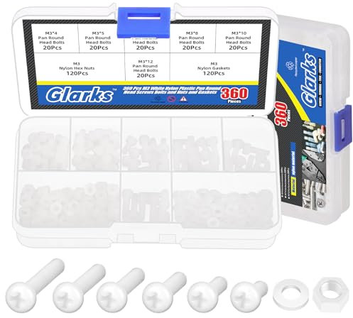 Glarks 360 PCS M3 x 4/5 / 6/8 / 10 / 12mm nylon crosshead vis écrou rondelle Kit, blanc nylon crosshead vis machine pour diverses applications de fixation industrielle