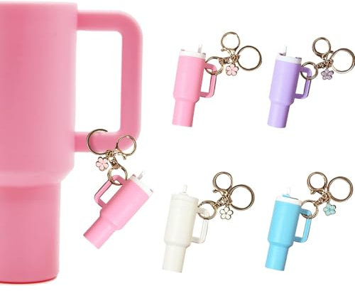 4pcs Mini Cup Keychian for Stanley, Accessories Cute Flower Keyrings Women, Detachable Lip Balm Keyring Charms, Funny Car Tumbler Couples Friends Keychians forBackpack