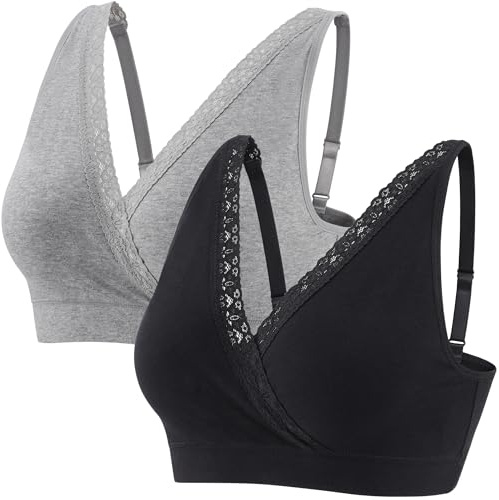 ZUMIY Reggiseno per Allattamento Gravidanza per Dormire Top, Reggiseno in Cotone Spalline Regolabili (IT, Testo, XXL, Regular, Regular, Black+grey/2pack)