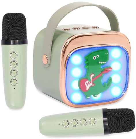 Mini Karaoke Machine Toys for Kids with 2 Wireless Microphones,Portable Bluetooth Speaker with Voice Changing Effects & LED Lights,Eliminate Original Sound,Gifts For Girls Boys Toddlers,Green