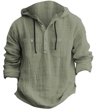 Generico Camicia Uomo Lino Manica Lunga, Camicia Estiva Uomo Estiva Elegante Cotone E Lino Camicie con Cappuccio Leggera Comode Casual Shirts con Tasca Coreana vestibilità Larga, per L'Estate,