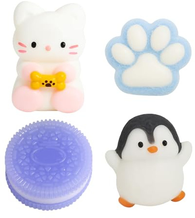 SSKHE 4 piezas de conjunto de juguetes blandos Taba – Galleta de sándwich morada + Pata de gato azul + Pingüino blanco y negro + Gatito blanco | Juguetes blandos para apretar para el alivio del estrés