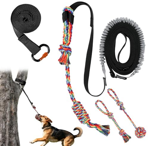 Tivray Outdoor Bungee Tug Toy, Dog Hanging Bungee Tug Toy with 3 Dog Chew Ropes,Interactive Retractable Play Cord Tether from Tree Outdoor for Small Medium Large Breeds Exercise and Play, Black+Grey