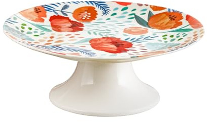 Baroni Home Alzata per Dolci in Porcellana Decorata, Fantasia Papaveri, Alzatina Porcellana Buffet, 20x20x6,5 cm