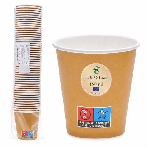 ECOPICNIC Lot de 1500 gobelets jetables en carton - 150 ml - Diamètre : 70 mm - Marron - Pour expresso, dégustation, café à emporter, restauration, distributeurs automatiques, bureau, café, bar