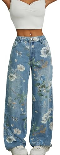 Anuedgis Wide Leg Jeans for Women High Waisted Printed Baggy Denim Pants Casual Trendy Straight Leg Palazzo Trousers Y2k Streetwear (A-Blue, M)
