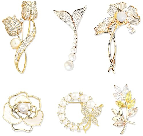 Larfraecy 6Pcs Premium Metal Brooches for Women, Elegant Dress Pins for Coat Scarf Bag Hat Vintage Style Ladies Brooch Pin Set, Modesty Pins Secure Clasp Everyday Wear Great Gift for Her