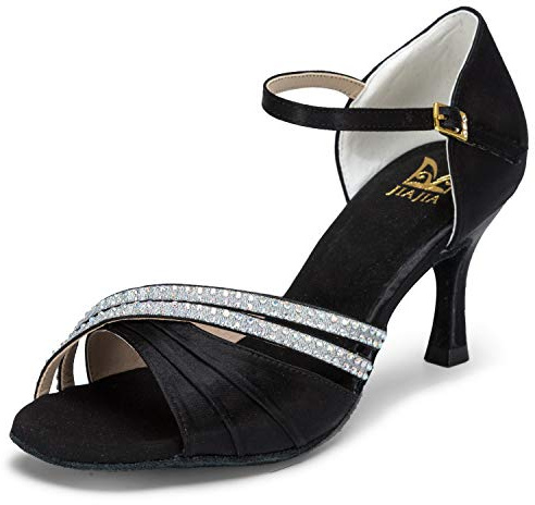 JIAJIA 20524 Latin Dam Sandaler 7,5 cm Flared Heel Super Satin Dansskor Färg Svart,Storlek 40 EU (6.5 UK)