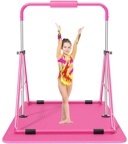 Safly Fun Expandable Gimnasia, Barra de Entrenamiento Horizontal, Plegable, niños, Unisex, Rosa con Alfombrilla