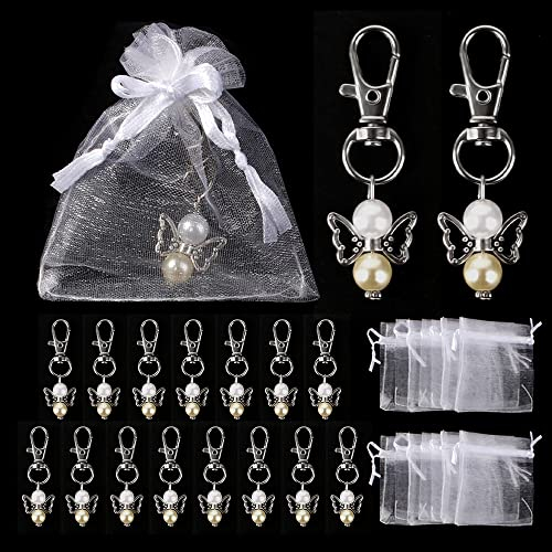 15 Pcs Schutzengel Anhänger Set，Hochzeit Engel Perlen Anhänger Schutzengel Schlüsselanhängerbasteln mit Organzabeutel，Engel Schlüsselanhänger Perlen für Gastgeschenke Taufe Party DIY Mitbringsel