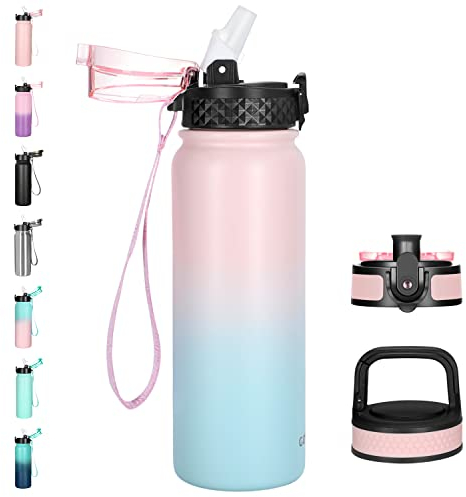 GOPPUS Borraccia Acciaio Inossidabile 600ml/20oz con Cannuccia Borraccia Sportiva Isolata Bottiglie d'Acqua in Metallo Ribaltabili a Doppia Parete Tenuta Stagna per Sport Palestra con 3 Coperchi